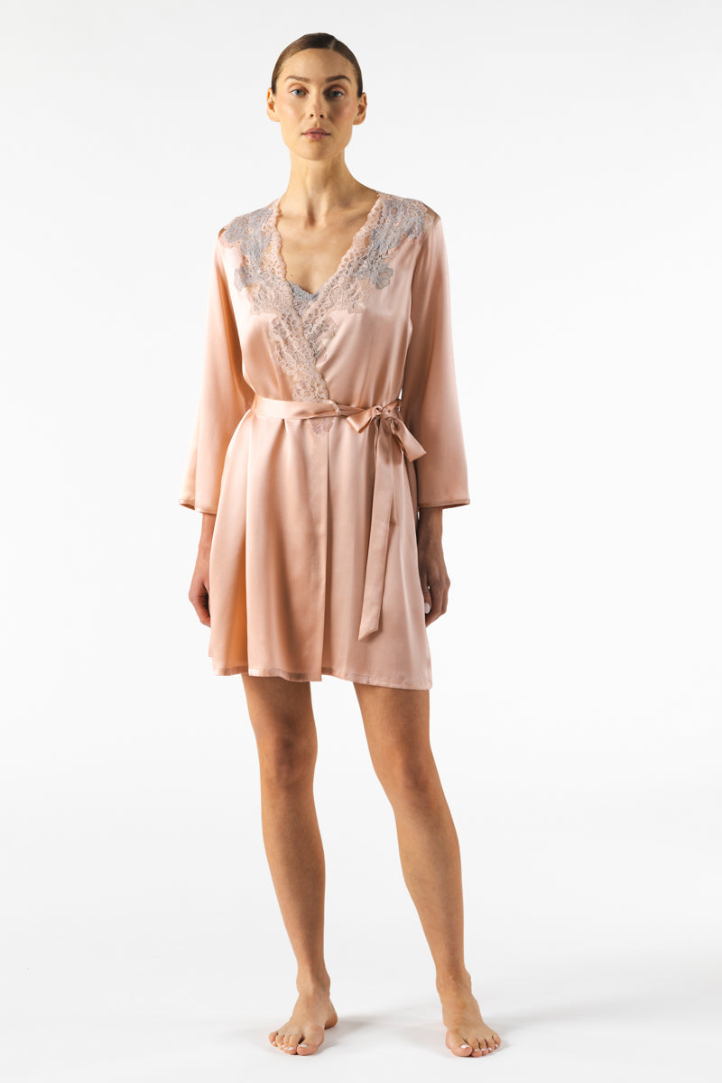 MIREILLE SHORT SILK ROBE IN ROSE GOLD - CULT MIA