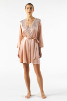 NK IMODE Mireille short silk robe in rose gold, featuring smooth fabric and elegant design, shown on a neutral background.