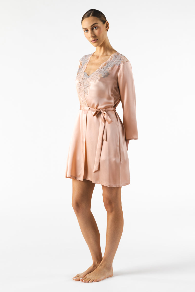 NK IMODE Mireille short silk robe in rose gold, featuring a luxurious satin fabric and elegant design.