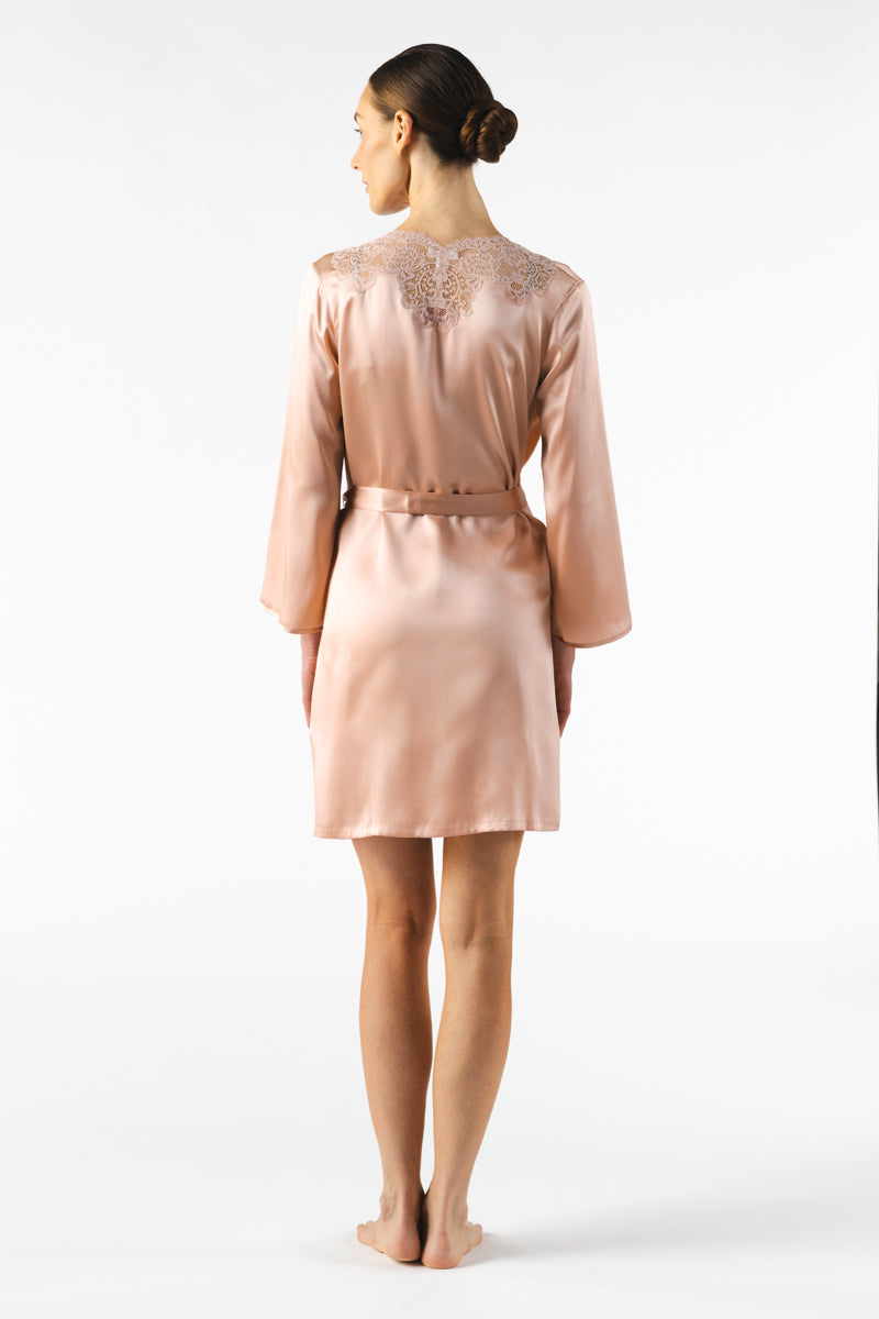 NK IMODE Mireille short silk robe in rose gold, featuring a luxurious silky fabric and elegant fit, displayed on a hanger.