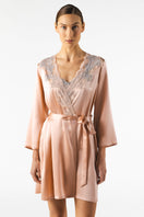 NK IMODE Mireille short silk robe in rose gold, shown in this image with smooth, luxurious fabric and elegant design.