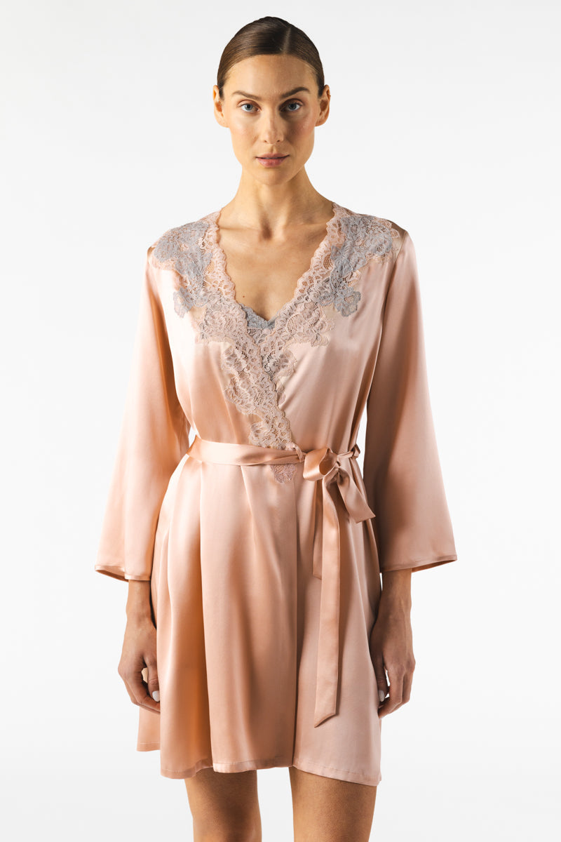 NK IMODE Mireille short silk robe in rose gold, shown in this image with smooth, luxurious fabric and elegant design.