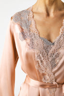 NK IMODE Mireille short silk robe in rose gold, shown in image with smooth fabric and elegant fit.