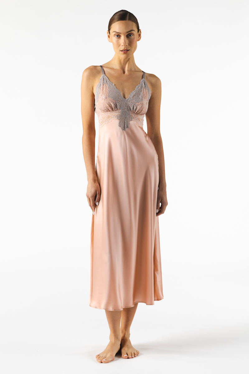 Mireille bust-support long silk nightgown in rose gold by NK Imode, featuring elegant fabric and delicate design.