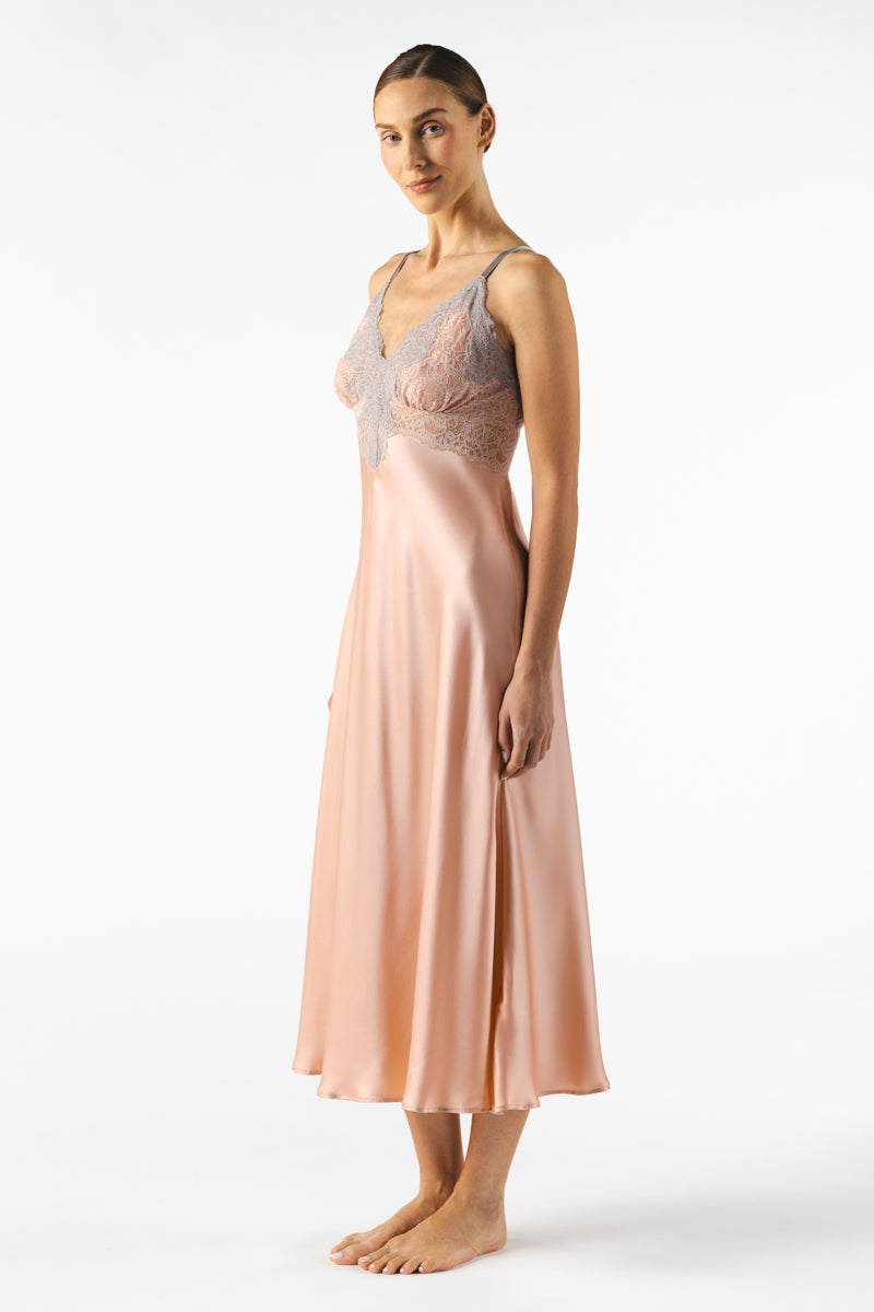 Pink silk long nightgown with bust-support design from NK IMODE, featuring elegant rose gold color and flowing fabric.