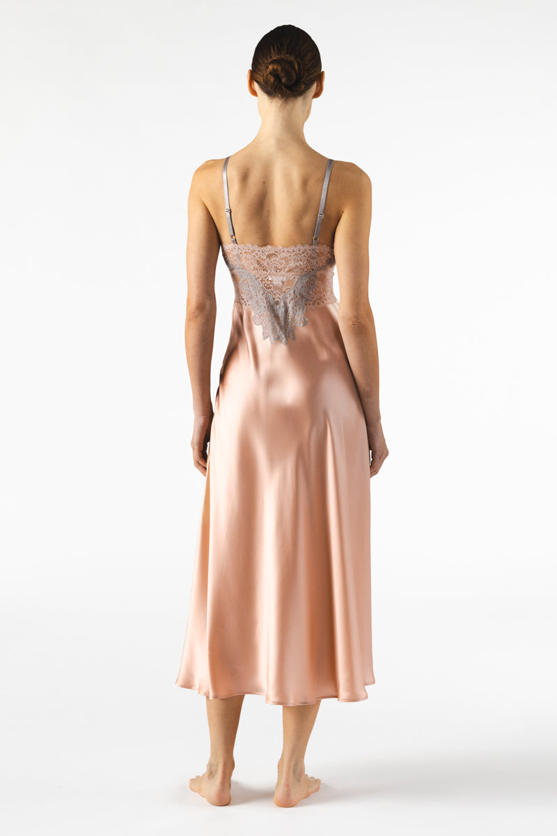 Mireille bust-support long silk nightgown in rose gold by NK IMODE, featuring a flowing design and elegant fabric.