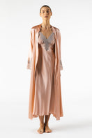 Silk long nightgown with bust support in rose gold by NK IMODE, featuring elegant, flowing fabric and delicate design details.