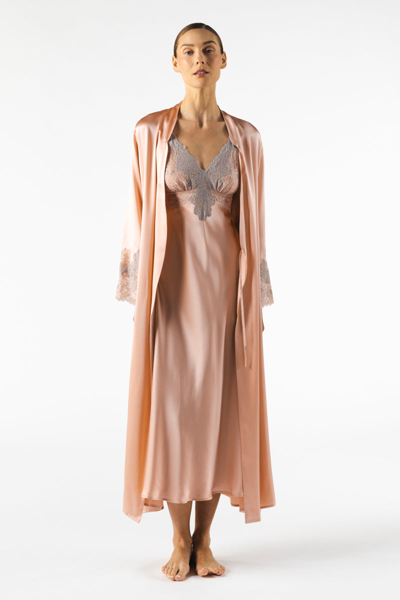 Silk long nightgown with bust support in rose gold by NK IMODE, featuring elegant, flowing fabric and delicate design details.