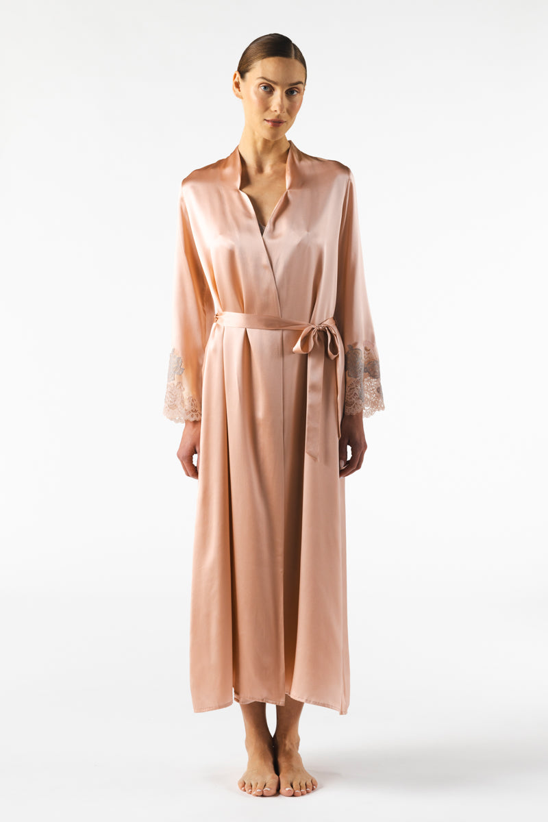 Long silk robe in rose gold by NK IMODE, featuring a luxurious design and flowing fabric, perfect for elegant loungewear.