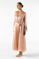 NK IMODE Mireille long silk robe in rose gold, elegant floor-length robe with luxurious smooth fabric and delicate design.