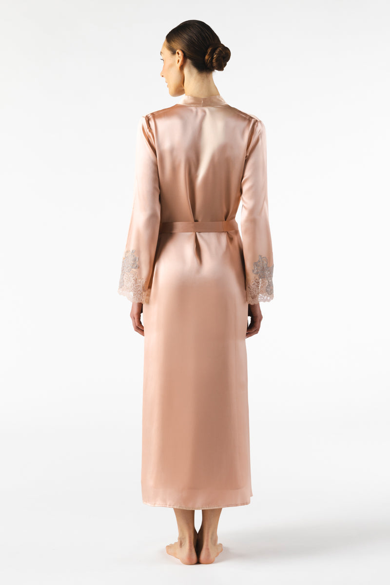 NK IMODE Mireille long silk robe in rose gold, featuring a flowing design and elegant fabric, displayed on a hanger.