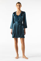 NK IMODE Mireille short silk robe in Stardust fabric, featuring a luxurious, lightweight design with elegant draping.