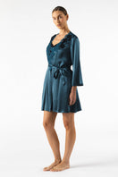 NK IMODE MIREILLE Short Silk Robe in Stardust, lightweight satin robe with elegant starry pattern and relaxed fit.