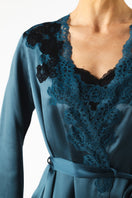 NKT IMODE Mireille short silk robe in Stardust with elegant drape and smooth fabric, displayed on a hanger.