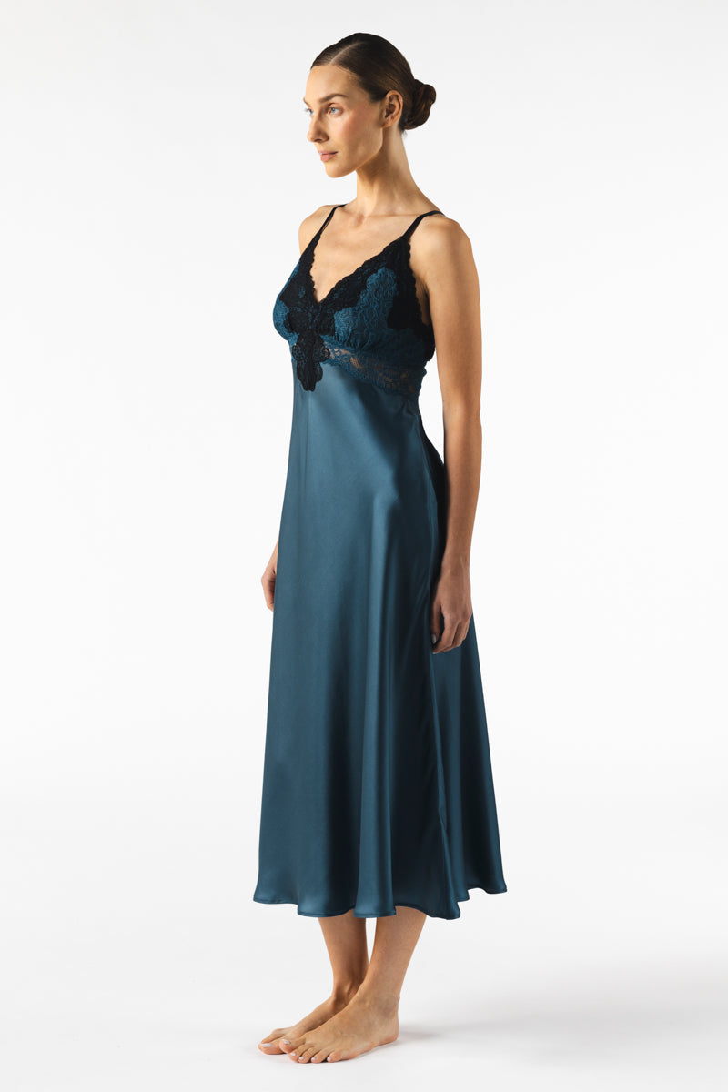 Long silk nightgown with bust-support design in starry Stardust pattern by NK IMODE, featuring flowing fabric and elegant silhouette.