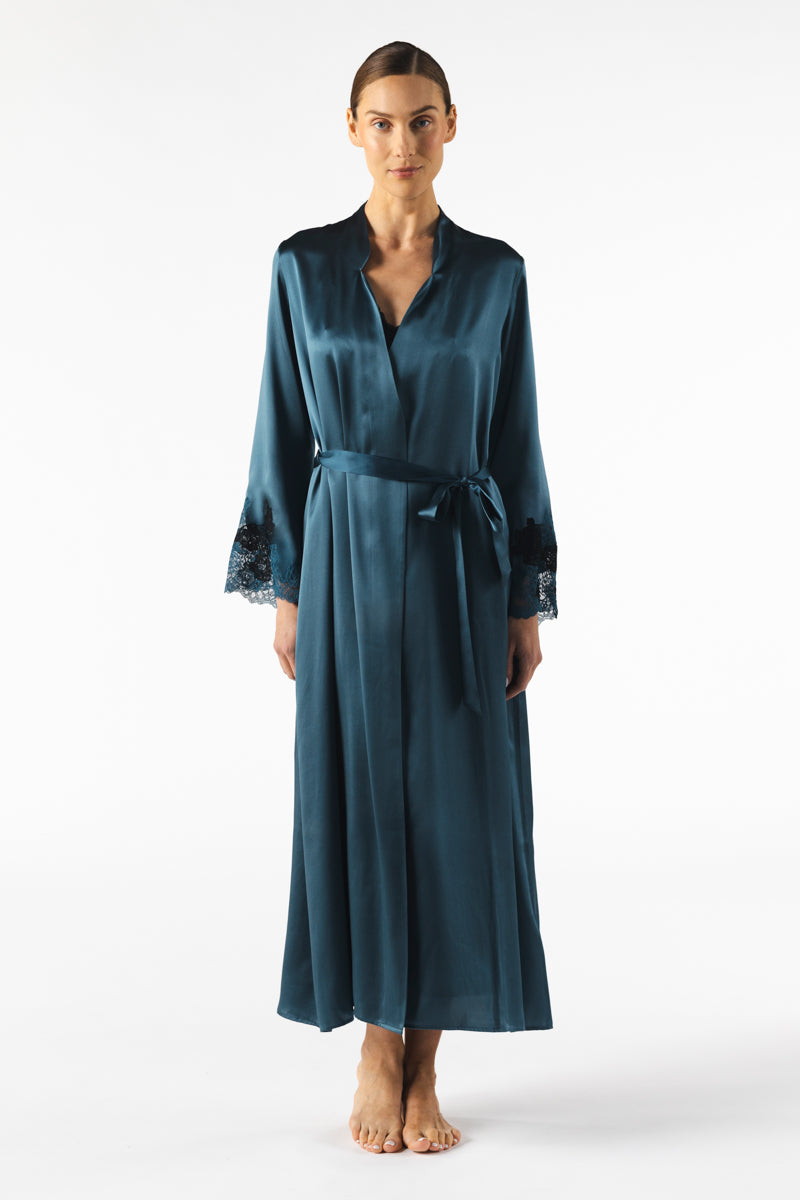 NK IMODE Mireille long silk robe in Stardust fabric, featuring a flowing design with intricate details and elegant drape.