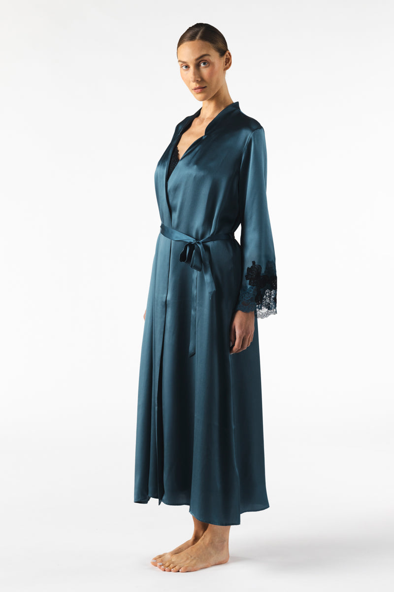 NK IMODE MIREILLE long silk robe in Stardust, featuring smooth fabric and elegant design, displayed on a hanger.