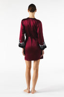 NK Imode ROXY short silk robe in Bordeaux, featuring a smooth fabric and elegant design, displayed on a neutral background.