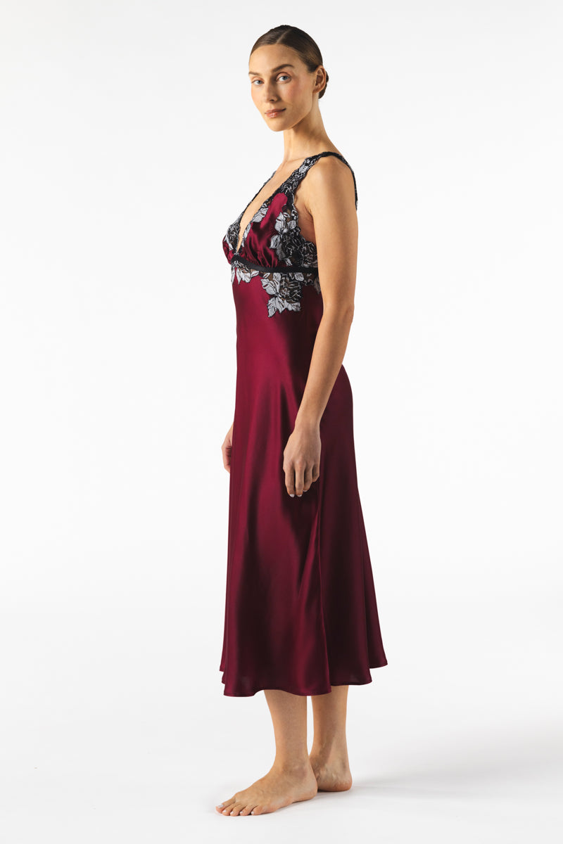 NK Imode Roxy bust-support long silk gown in Bordeaux, elegant nightgown with a smooth, flowing fabric and detailed design.
