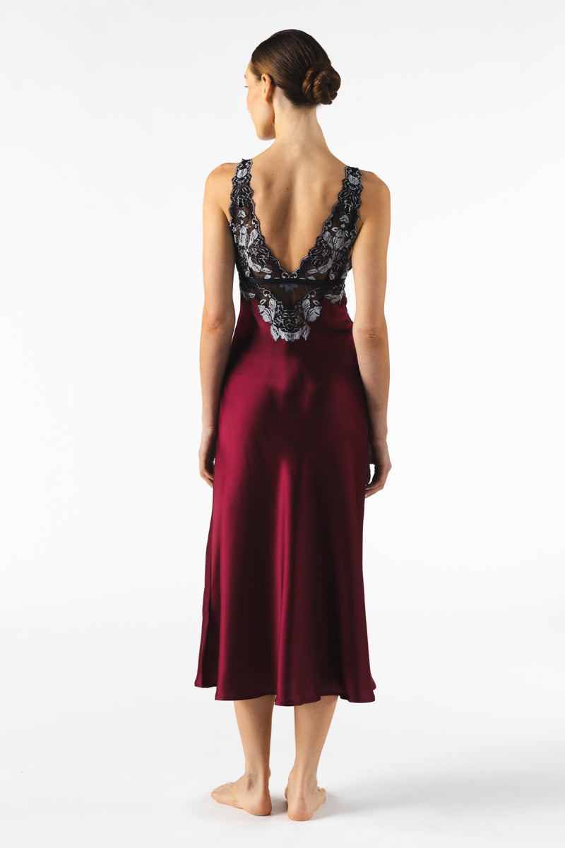 NK Imode Roxy bust-support long silk gown in Bordeaux, elegant nightgown with smooth fabric and delicate design.