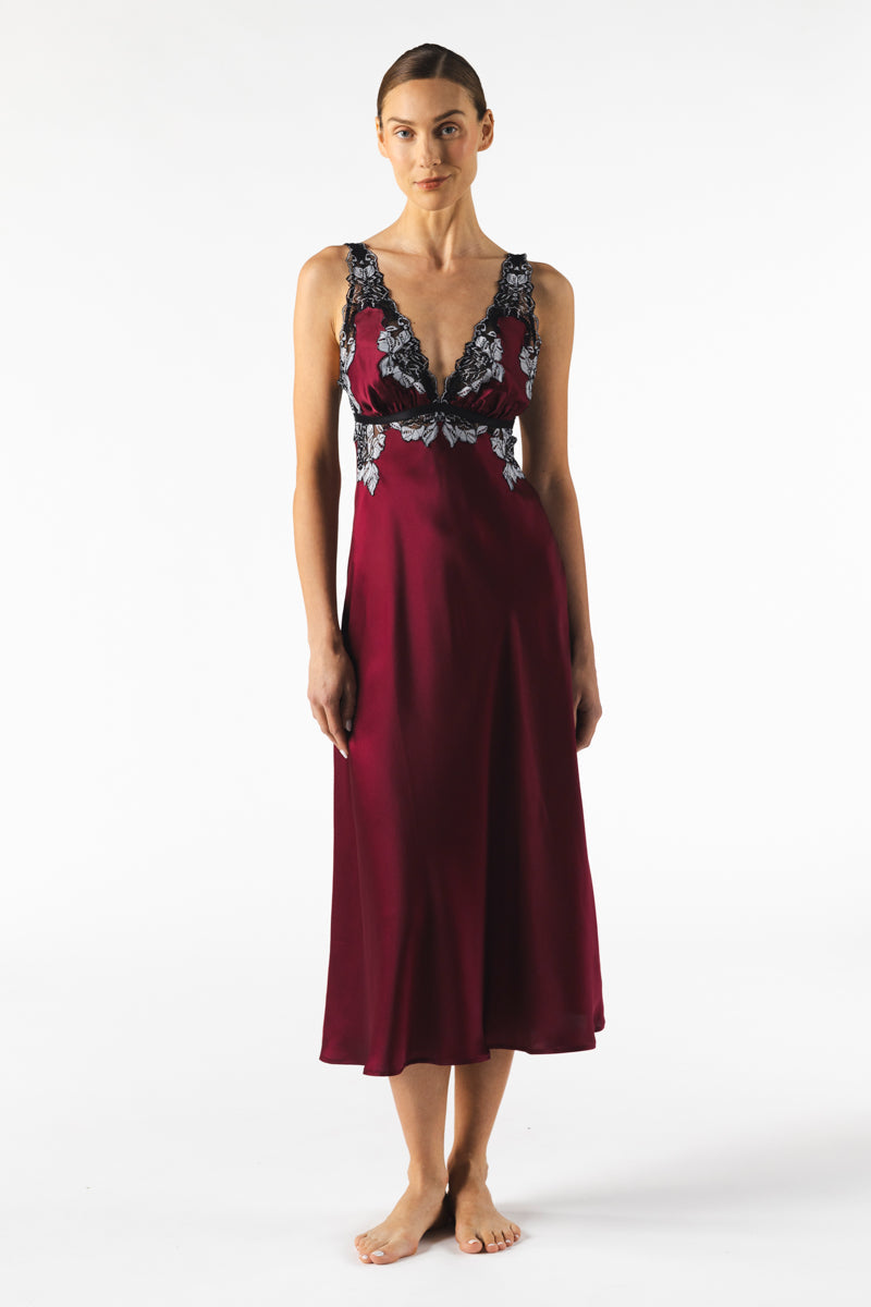 Roxy bust-support long silk nightgown in Bordeaux by NK IMODE, featuring elegant fabric and a flowing design.