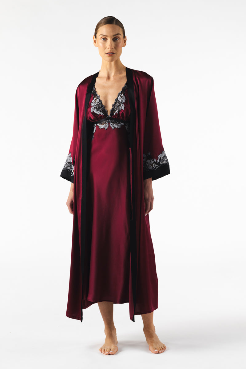 Roxy bust-support long silk gown in Bordeaux by NK IMODE, featuring smooth fabric and elegant design.