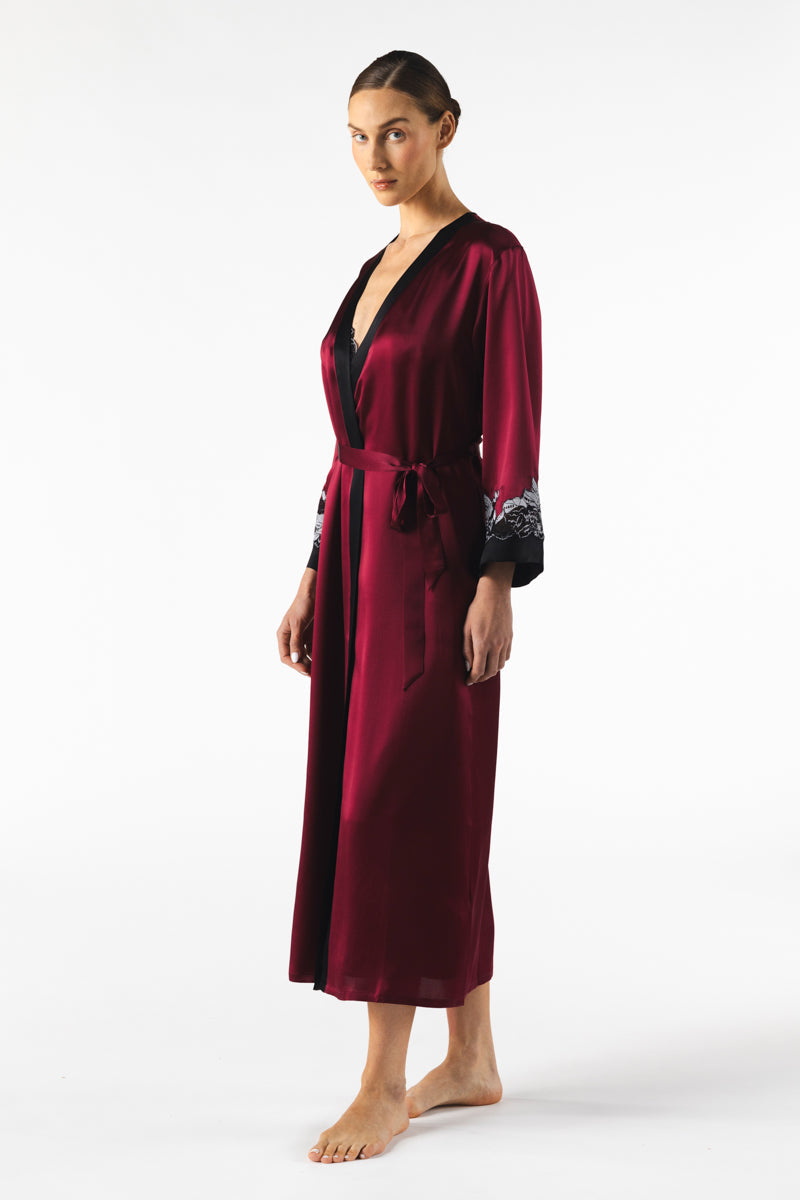 NK IMODE Roxy long silk robe in Bordeaux, featuring a luxurious, flowing design with elegant silk fabric and intricate detailing.