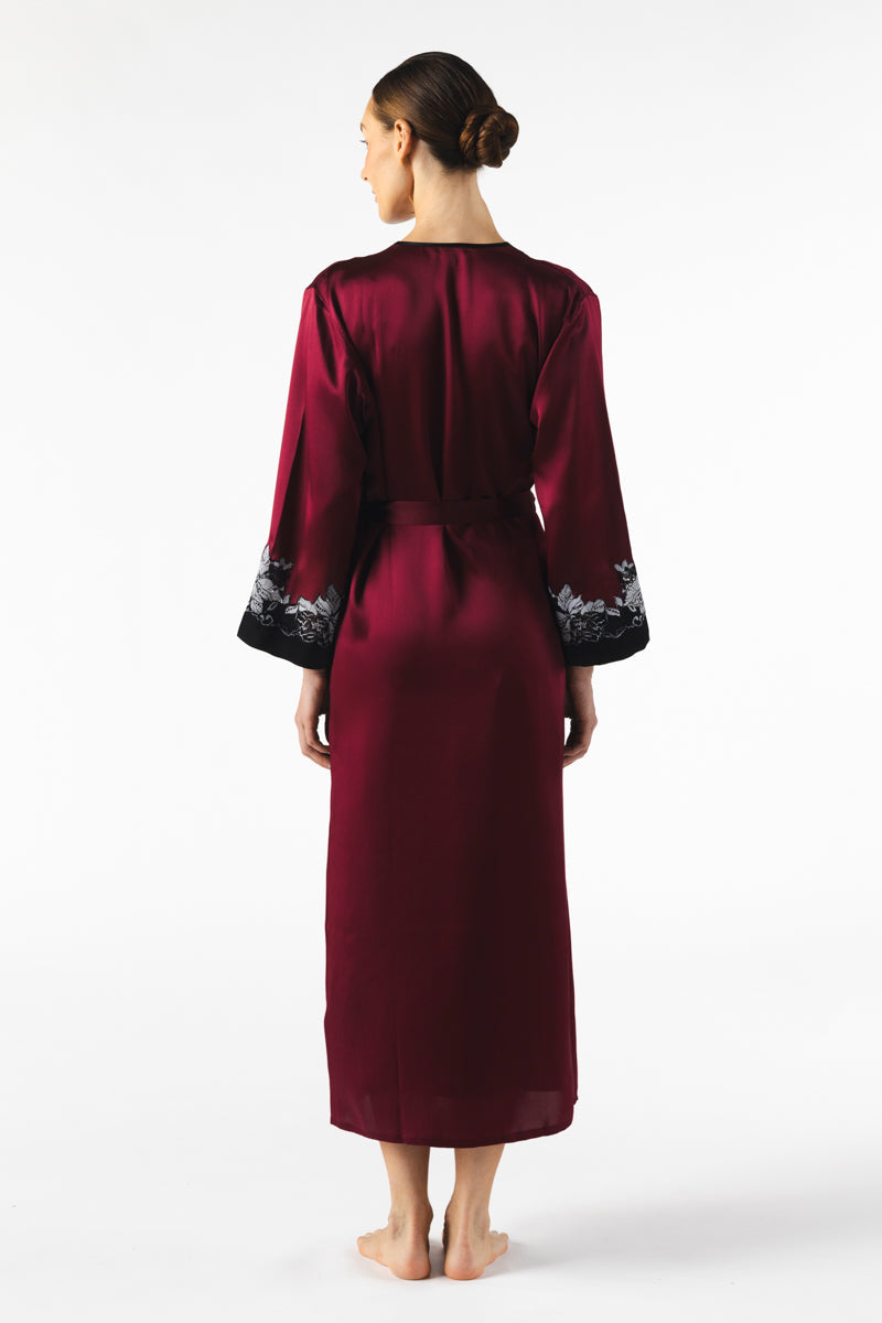 NK IMODE Roxy long silk robe in Bordeaux, featuring luxurious fabric and elegant design, shown on a model.