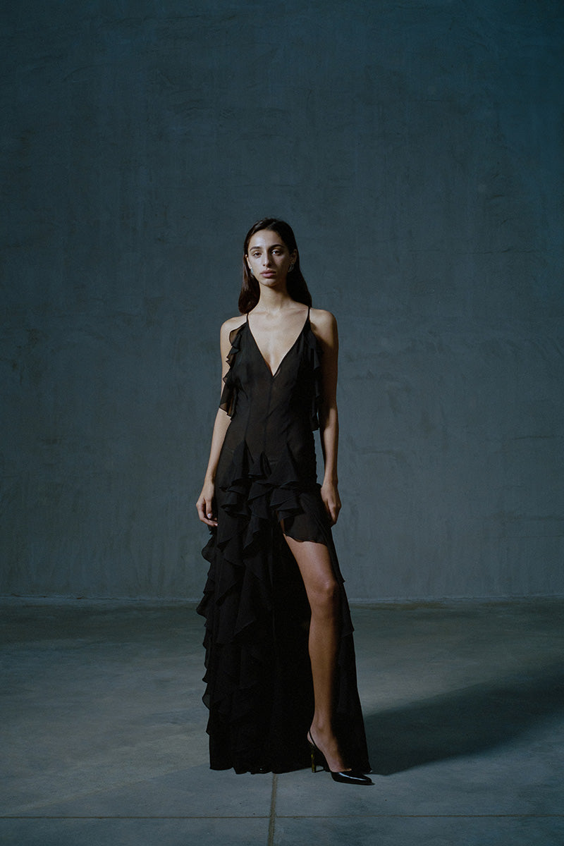 OPEN BACK RUFFLE GOWN IN BLACK - CULT MIA