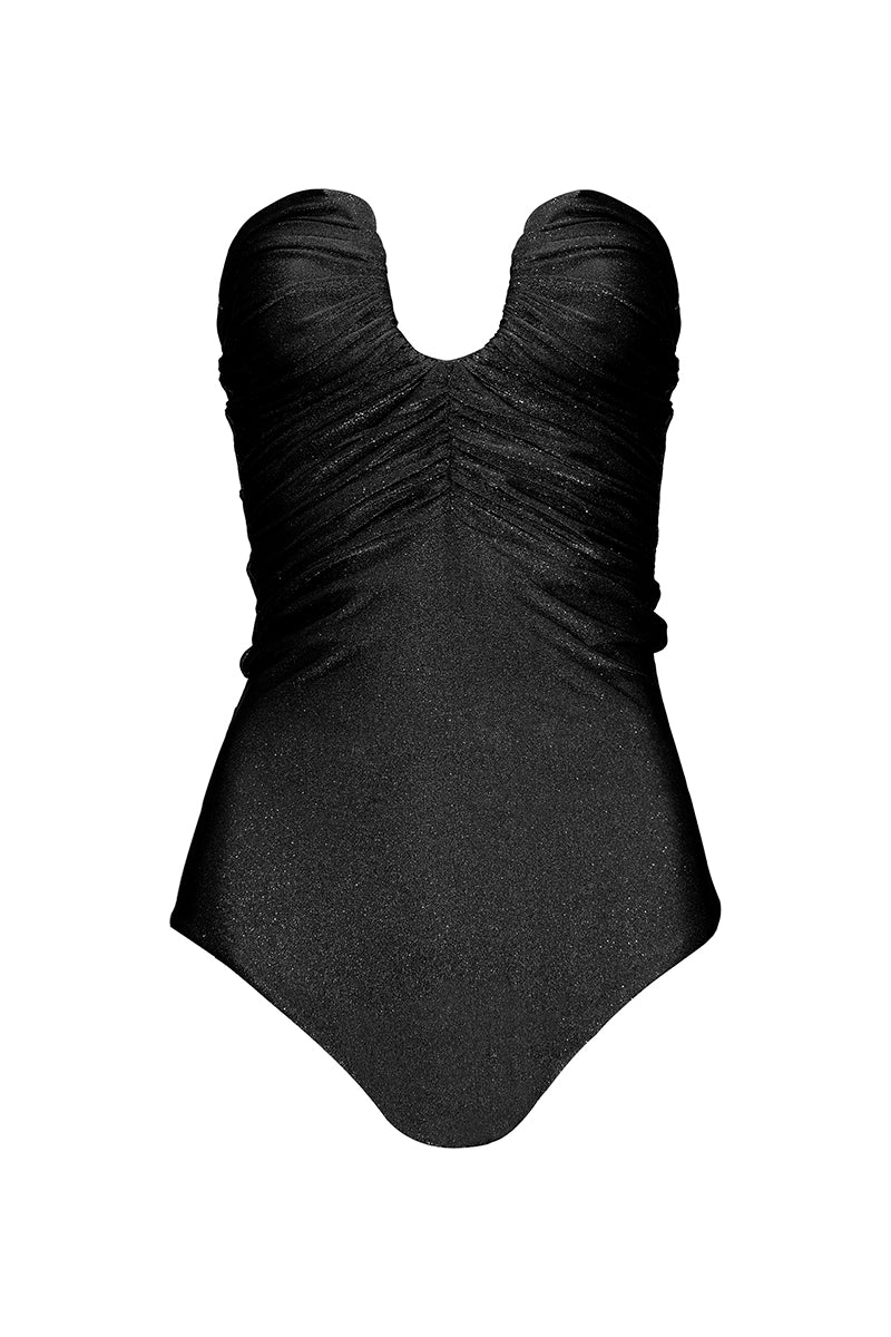 Black Serrania one-piece swimsuit by Laura Escobar, featuring a sleek design and comfortable fit, shown on a model.
