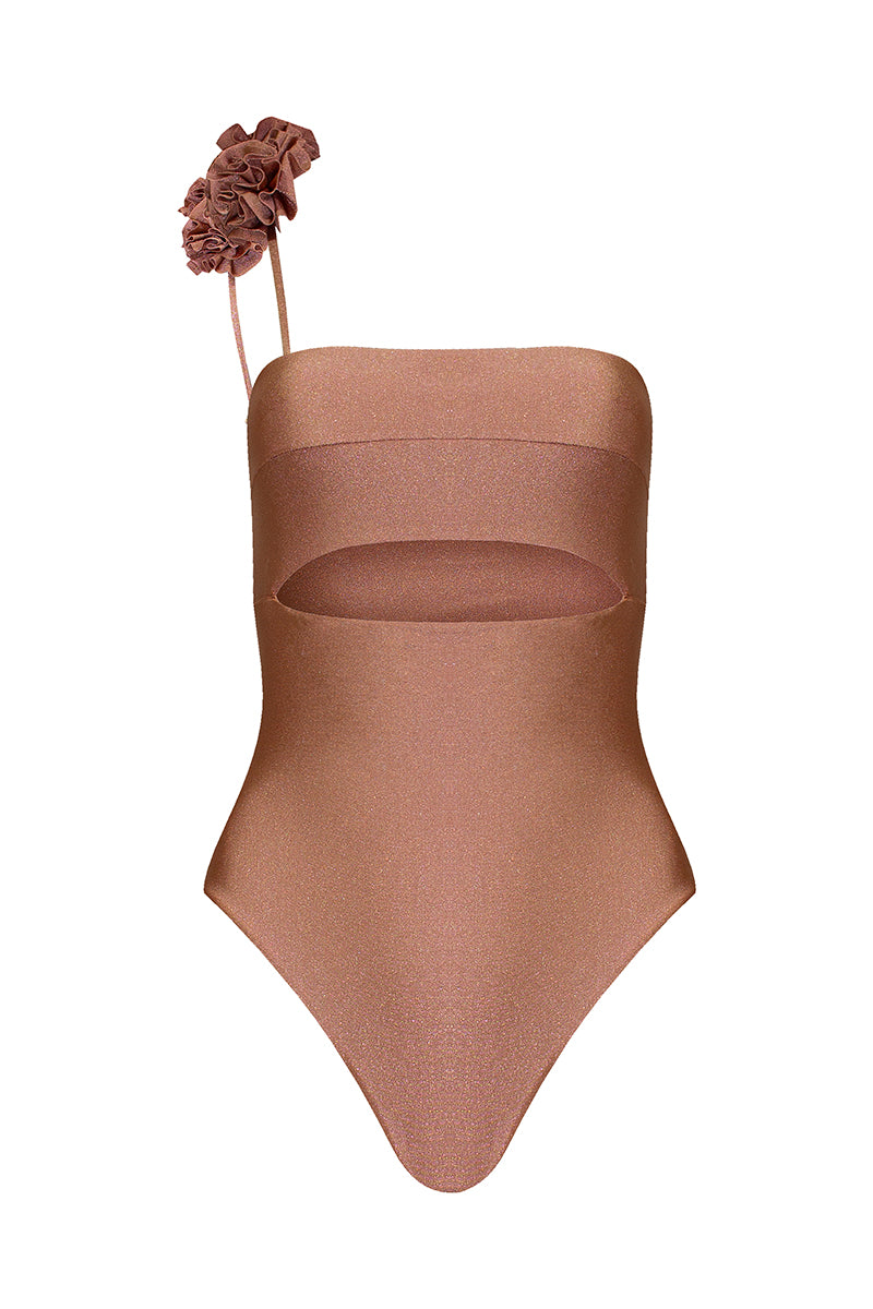 LAURA ESCOBAR coral one-piece swimsuit in rose color, featuring a fitted design and stylish straps, perfect for beachwear.