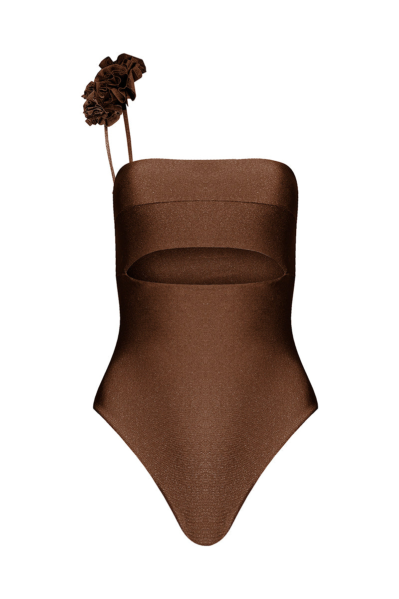 Chocolate-colored Laura Escobar coral one-piece swimsuit, featuring a stylish fit and smooth fabric, shown on a model.