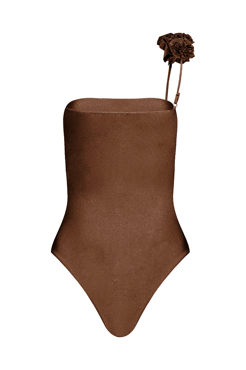 Chocolate brown Laura Escobar coral one-piece swimsuit displayed on a mannequin, showcasing its stylish design and fit.
