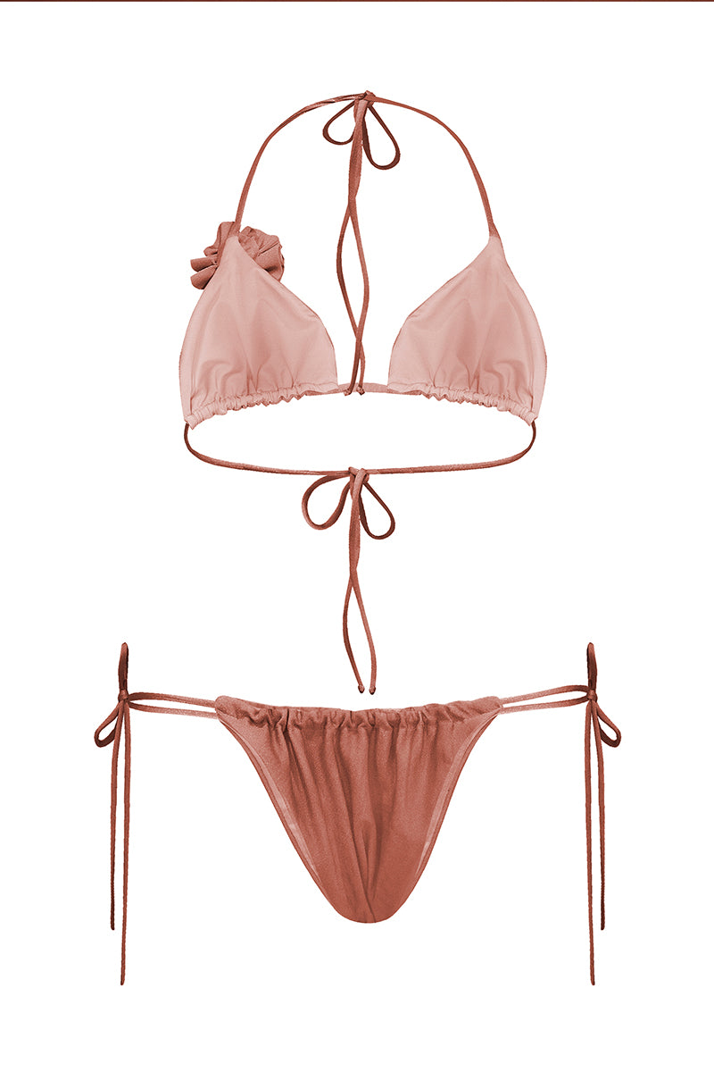 Laura Escobar Selina bikini in rose color, featuring a stylish bikini top and bottom with gold accents, perfect for beachwear.