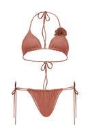 Laura Escobar Selina bikini in rose color, featuring a stylish bikini top and bottom set with gold accents, on a white background.
