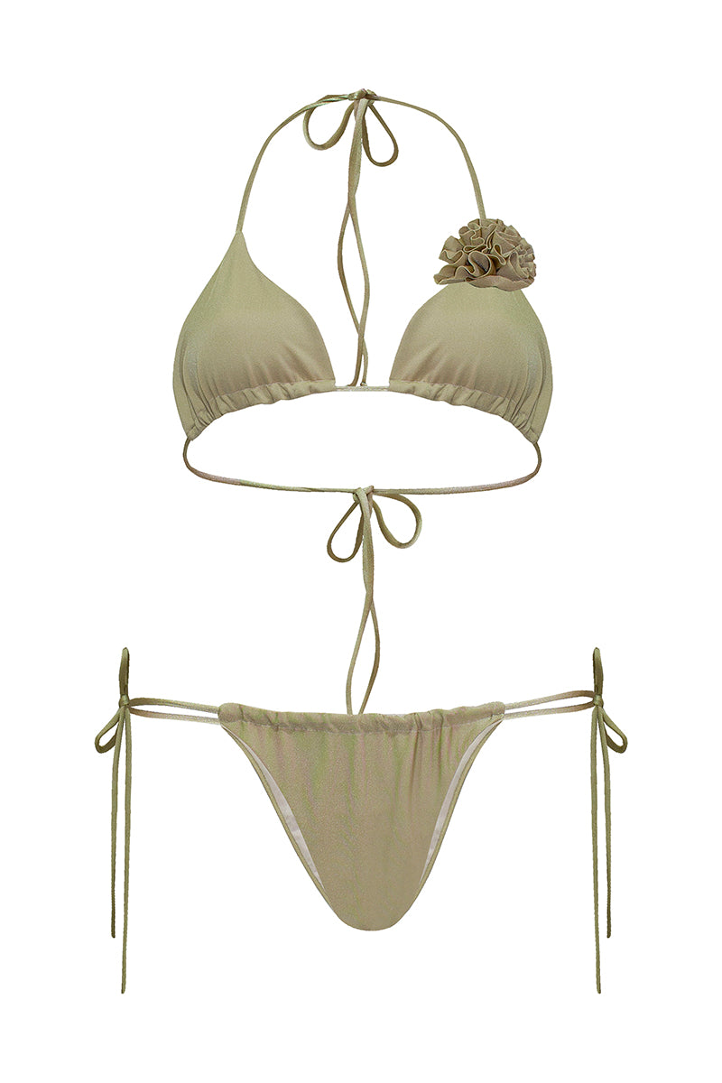 Gold Laura Escobar Selina bikini top with adjustable straps and sleek design, shown on a model.