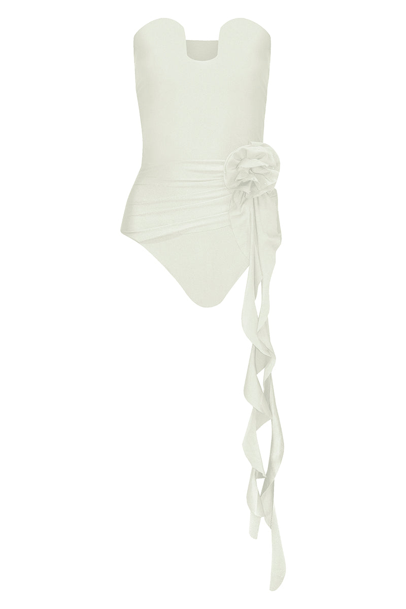White Tobacco One Piece swimsuit by Laura Escobar, featuring a sleek design and comfortable fit, shown on a model.