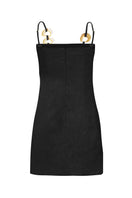 Black Sun mini dress by Laura Escobar displayed on a mannequin, featuring a sleek, fitted design ideal for stylish occasions.