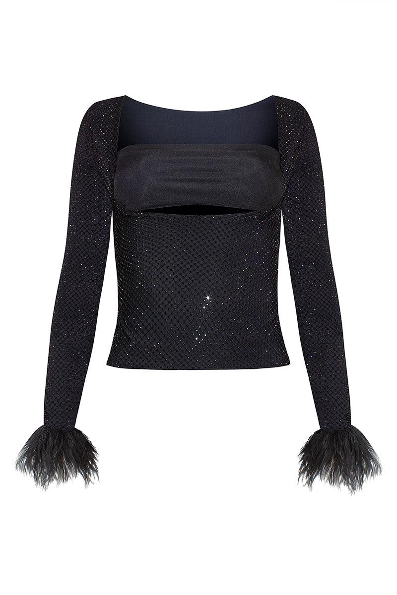 LEDIEL Pluma Top, stylish women's blouse with ruffled details and lightweight fabric, displayed on a hanger.
