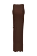 Laura Escobar Pitaya Mocca maxi skirt shown in café color, flowy fabric, and elegant design perfect for stylish summer outfits.