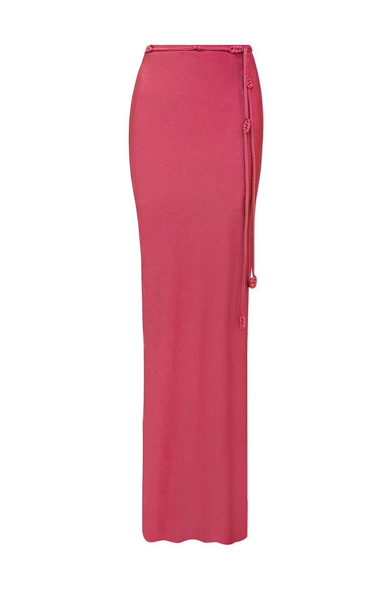 Laura Escobar Pitaya dragonfruit maxi skirt with vibrant pink and green floral patterns, flowing fabric, and high-waisted design.