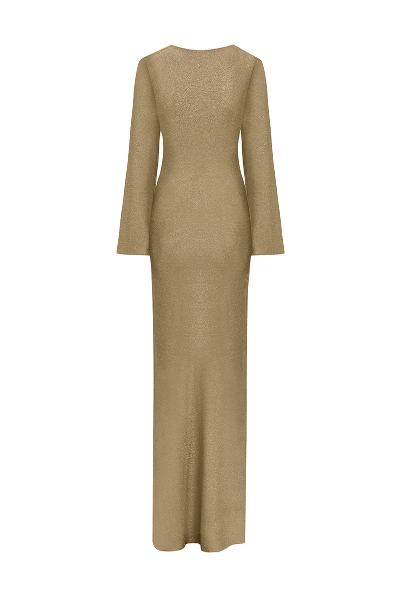 LAURA ESCOBAR BARÚ GOLD long maxi dress in a flowing fabric, featuring a sleek design and elegant gold color.