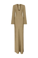 Laura Escobar BARÚ Gold long maxi dress in beige fabric, featuring elegant design and flowing silhouette.