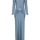 Blue DUNA PLATINUM maxi dress by LAURA ESCOBAR with flowing fabric and elegant design, shown on a model.