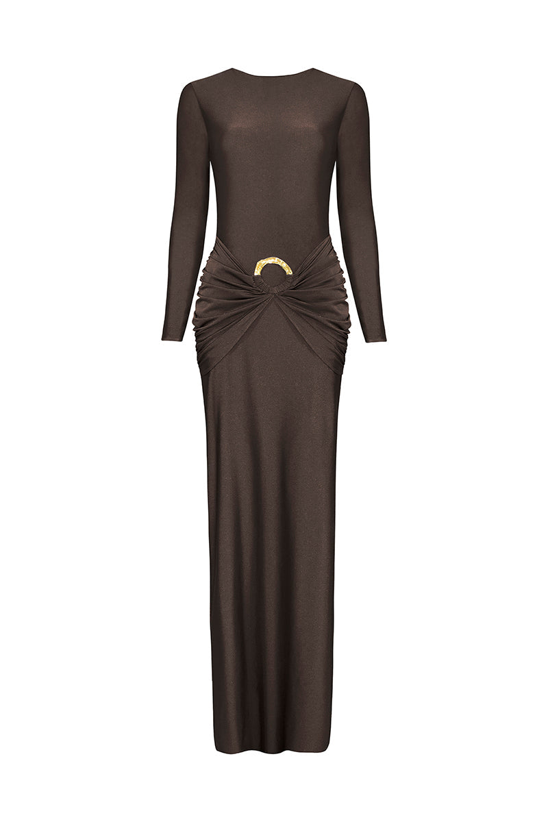 Laura Escobar Duna Mocca maxi dress displayed on a hanger, showcasing its flowy fabric and elegant design.