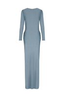 Laura Escobar Duna Platinum Blue Maxi Dress, flowing fabric with elegant design, displayed on a hanger.