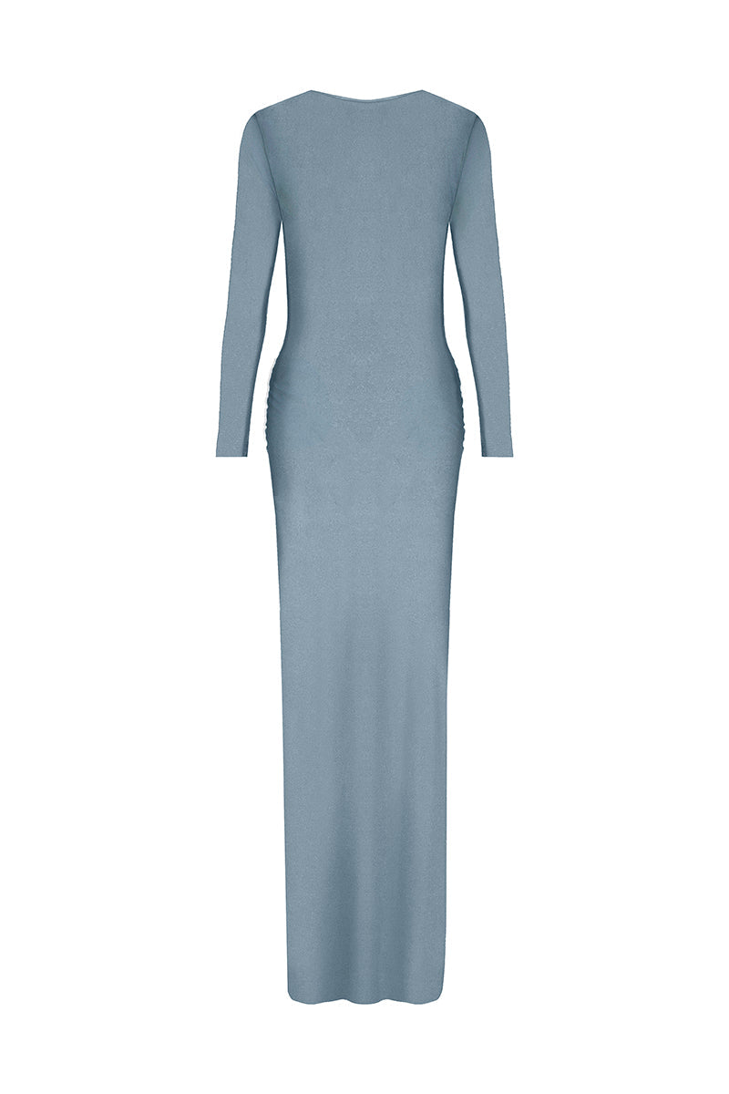 Laura Escobar Duna Platinum Blue Maxi Dress, flowing fabric with elegant design, displayed on a hanger.