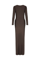 Laura Escobar Duna Mocca maxi dress with a flowing silhouette and soft fabric, displayed on a hanger.