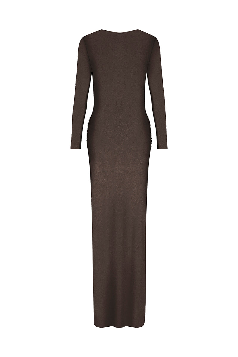 Laura Escobar Duna Mocca maxi dress with a flowing silhouette and soft fabric, displayed on a hanger.