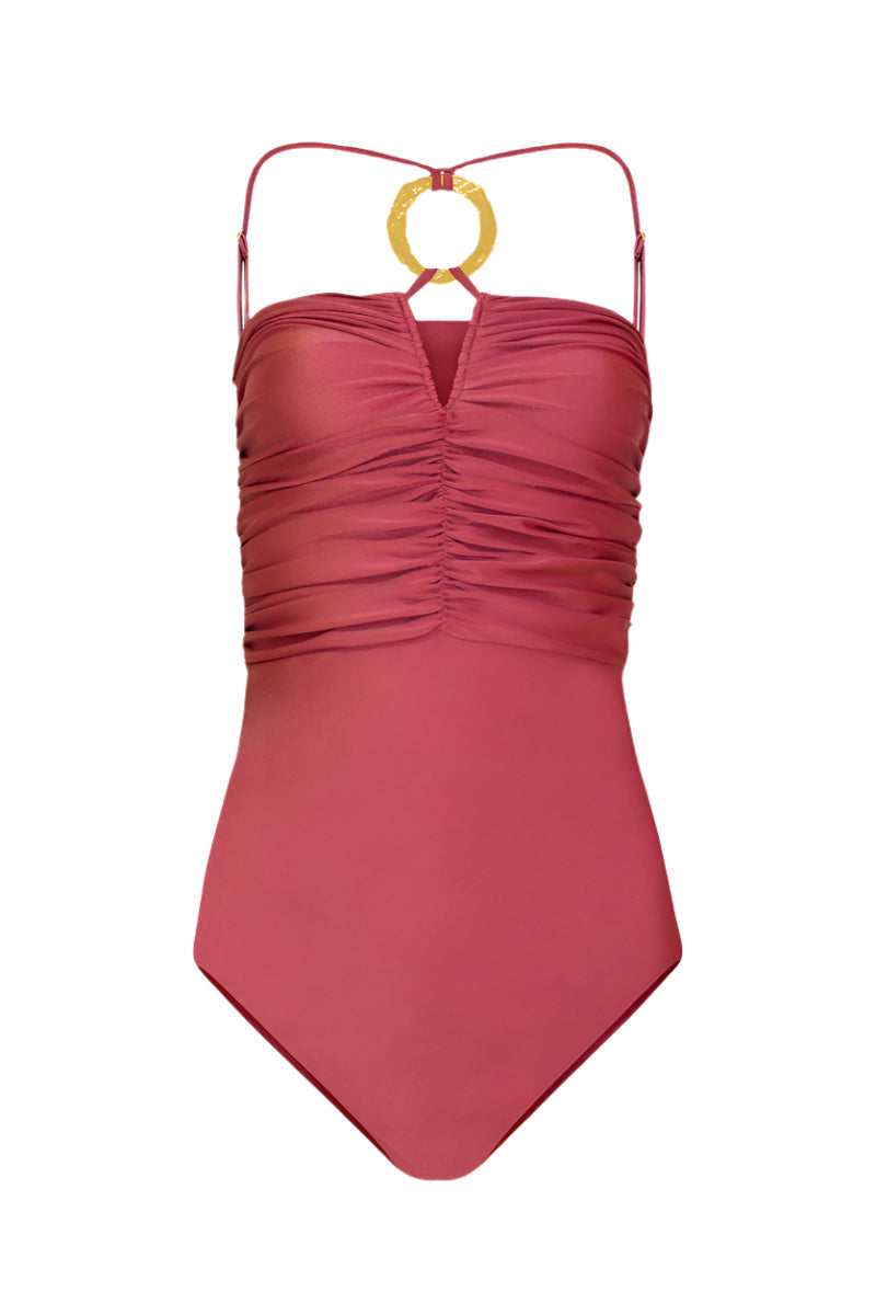 Laura Escobar Isla Dragonfruit one-piece swimsuit featuring vibrant pink and green dragonfruit print on a sleek, fitted swimwear design.